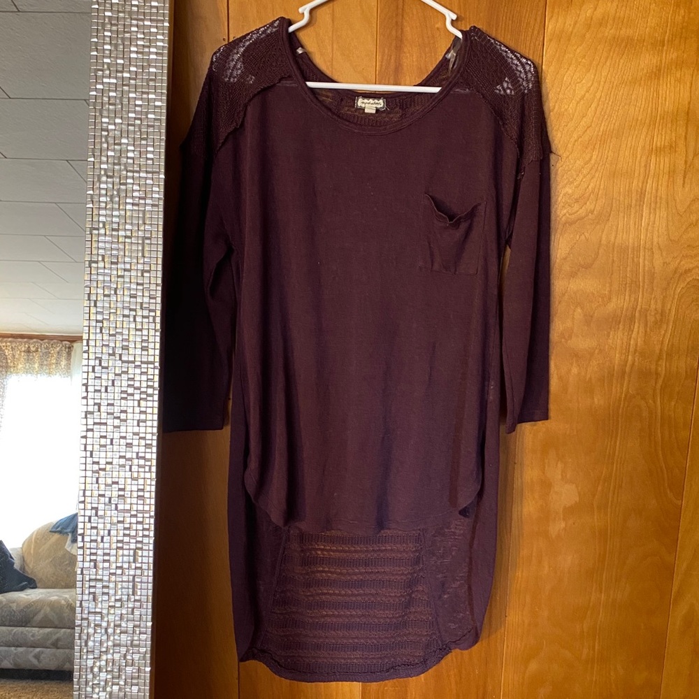 💫 Maroon Tunic Style Crochet Pocket Blouse Sz L